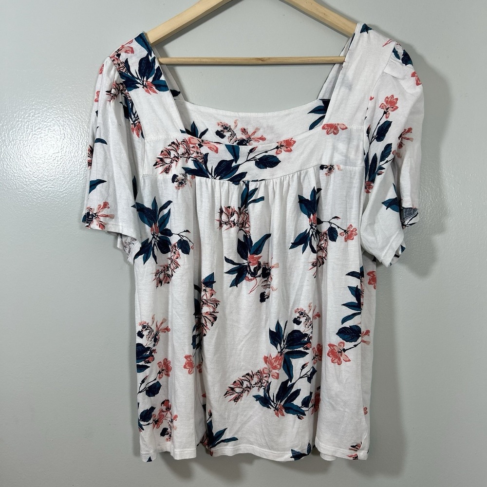 Lucky Brand Top Women's XL White Floral Cotton Square Neck Flutter Sleeve